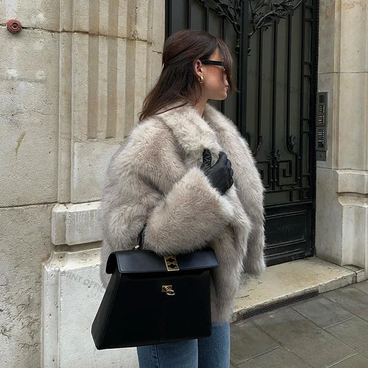 Chic Street Girls Gradient Faux Fur Jacket Women Winter Brand Fashion Fluffy Fox Fur Coat Female Luxury Outerwear