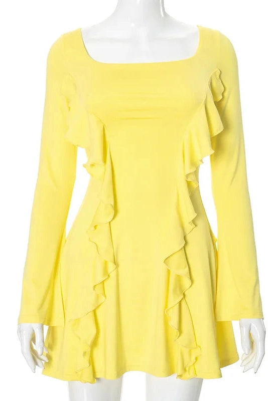 Lace-Up Backless Mini Dress with Patchwork and Flare Sleeves