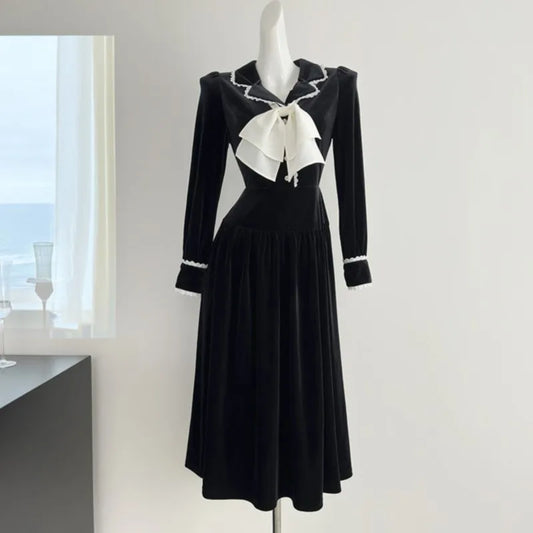 Elegant Vintage Lapel Midi Dresses for Women Bow Long Sleeve Birthday Party Dress A-line Autumn New Korean Fashion Vestido Mujer