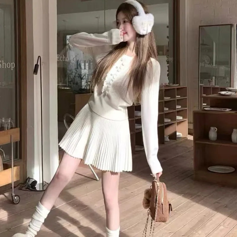 Autumn Preppy Style Knitted 2-piece Sets Women O-neck Long Sleeve Top Pleated Mini Skirt Korean Fashion Casual Outfits New Suit