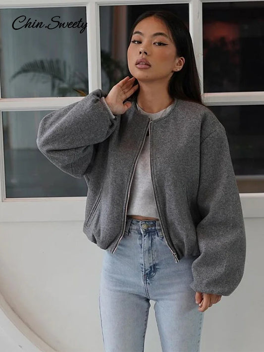 Retro Solid Woolen Women’s Bomber Jacket Long Lantern Sleeves Pockets O-neck Loose Female Coat Autumn High Street Outwears