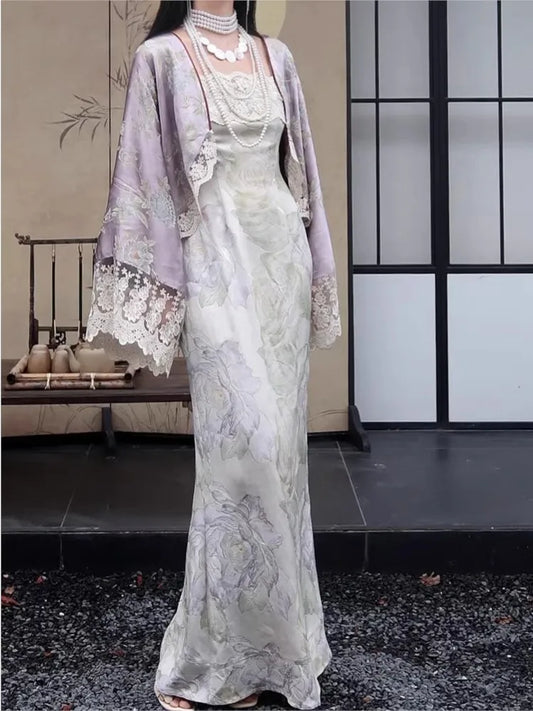 New Chinese Style Women’s Two-piece Dress Set Lace Patchwork Cardigan Spaghetti Strap Lace-up Long Dress Vintage Female Suit