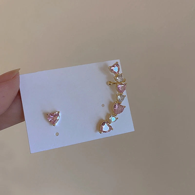 Pink Heart Zircon Ear Clips for Women Asymmetric Fashion Jewelry Gift