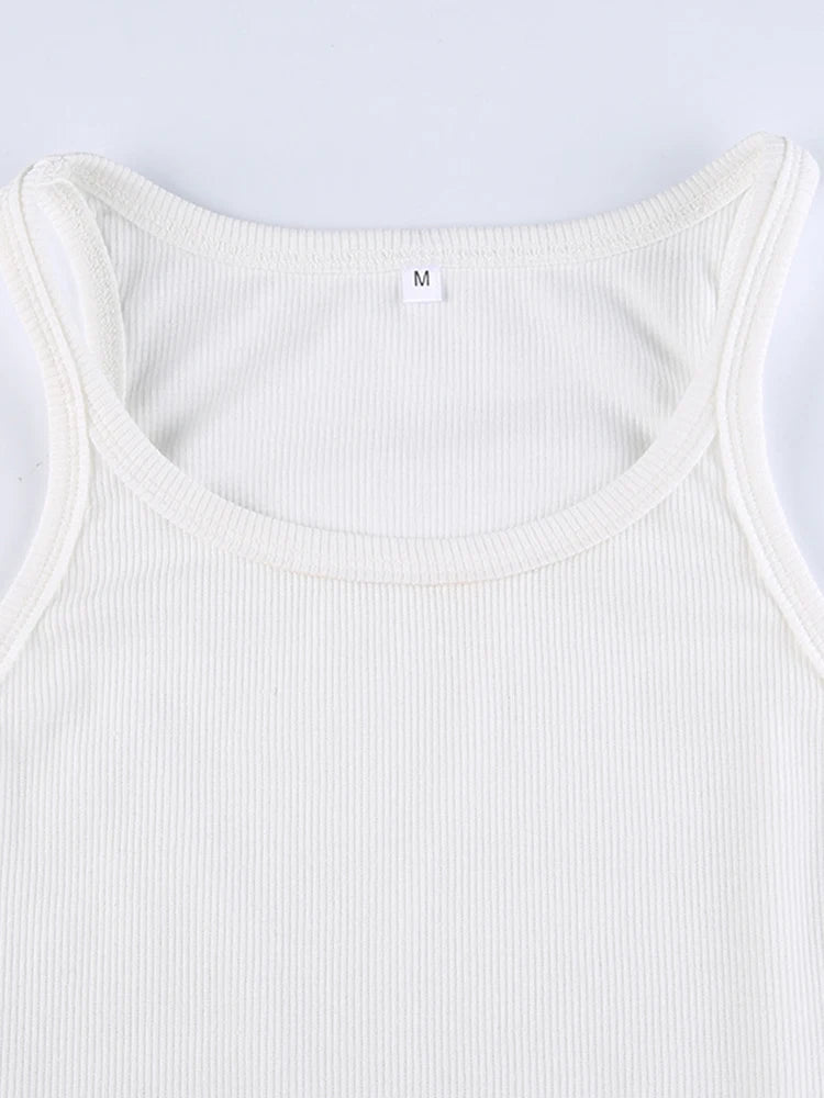 White Solid Basic Ribbed Cropped Vest Sleeveless Slim O Neck Tanks Camis Women Simple Fashion Elegant Summer Top Tees