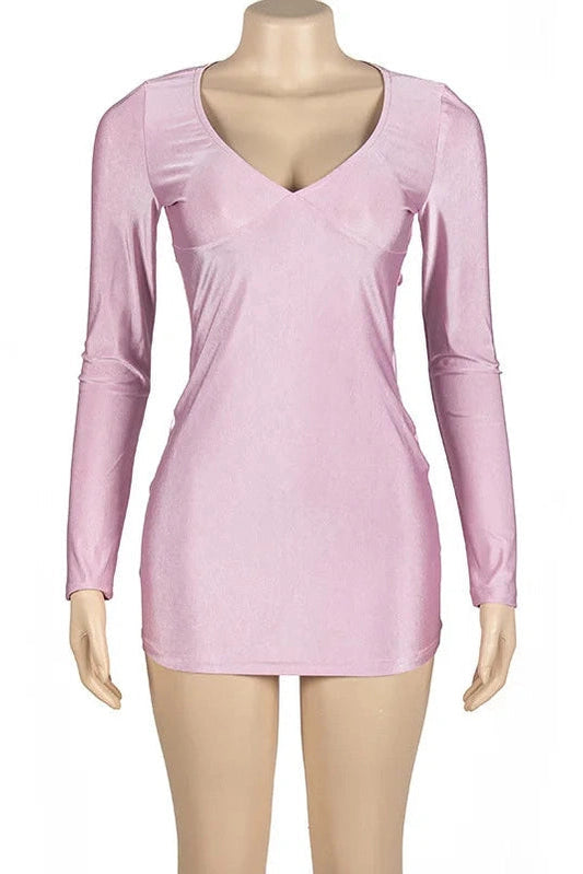 Deep V-Neck Long Sleeve Mini Dress