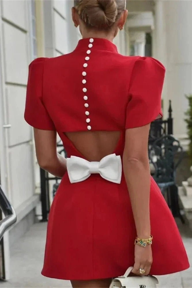 Short Sleeve Hollow Out Mini Dress with High Waist Patchwork