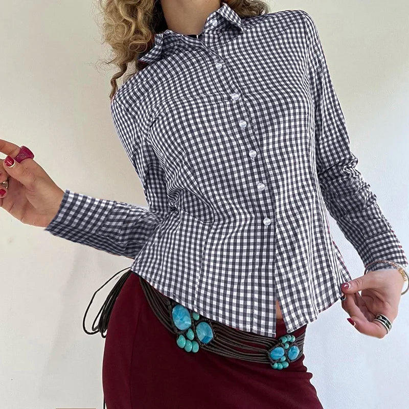 Y2K Women Turn-down Collar T-shirt Button Up Long Sleeve Vintage Slim Tee Fashion Outfits Autumn Casual Top Ladies