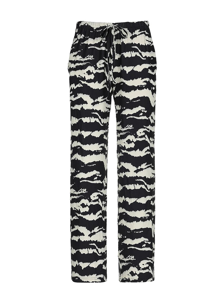 Zebra Stripe Knitted Straight Pants Women Drawstring Elastic Waist Casual Loose Baggy Trousers Boho Vacation Outfits