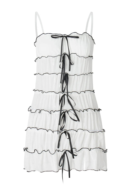 Pleated Mini Dress with Spaghetti Straps and See-Through Detail