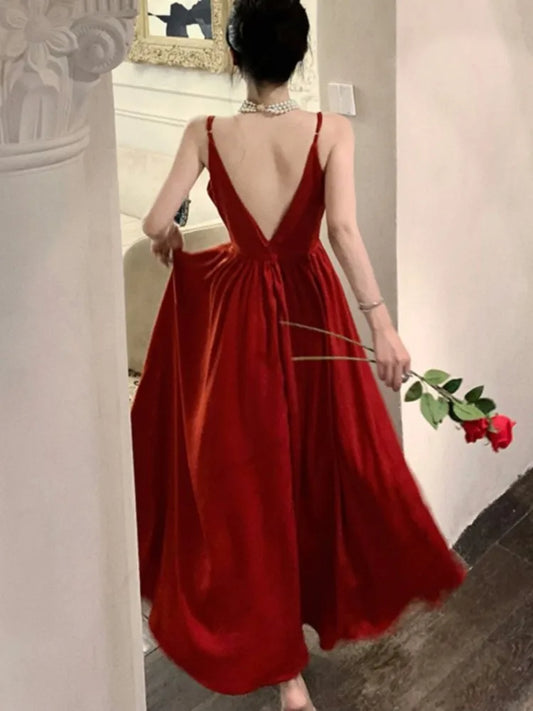 Sexy Spaghetti Strap Evening Party Dress V-neck A-line Solid Vintage Long Dresses for Women Wedding Prom Robe One Piece Vestidos