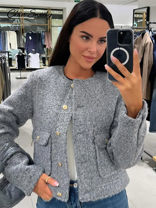 Elegant Woolen Blends Coat For Women O-neck Metal Button Gray Long Sleeve Pockets Jackets Autumn Lady High Street Outwear