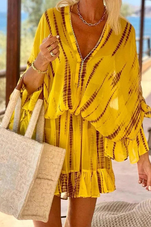 Printed V-Neck Long Sleeves A-Line Mini Dress