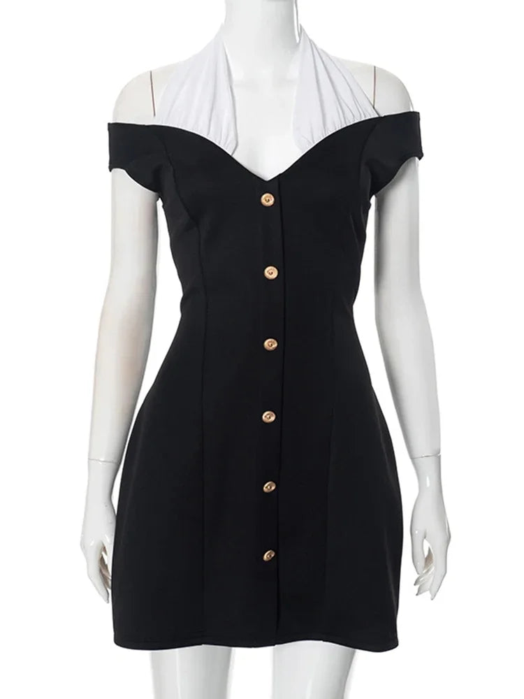 Elegant Contrast Color Splice Halter Dress For Women High Waist With Button Female Slim Fit Party Sexy Dress Sleeveless