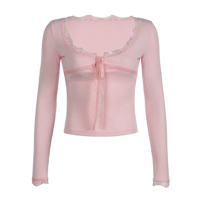 Lace Patchwork Women Y2K Tee Shirt Pink Square Collar Fitted Crop Top Knitted Long Sleeve Cute Korean Sweet Outfits