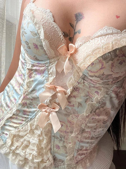 Voguable Vintage Floral Lace Bow Patchwork Camis for Coquette Aesthetic V Neck Corset Tops FeY2K Aesthetic Clothes