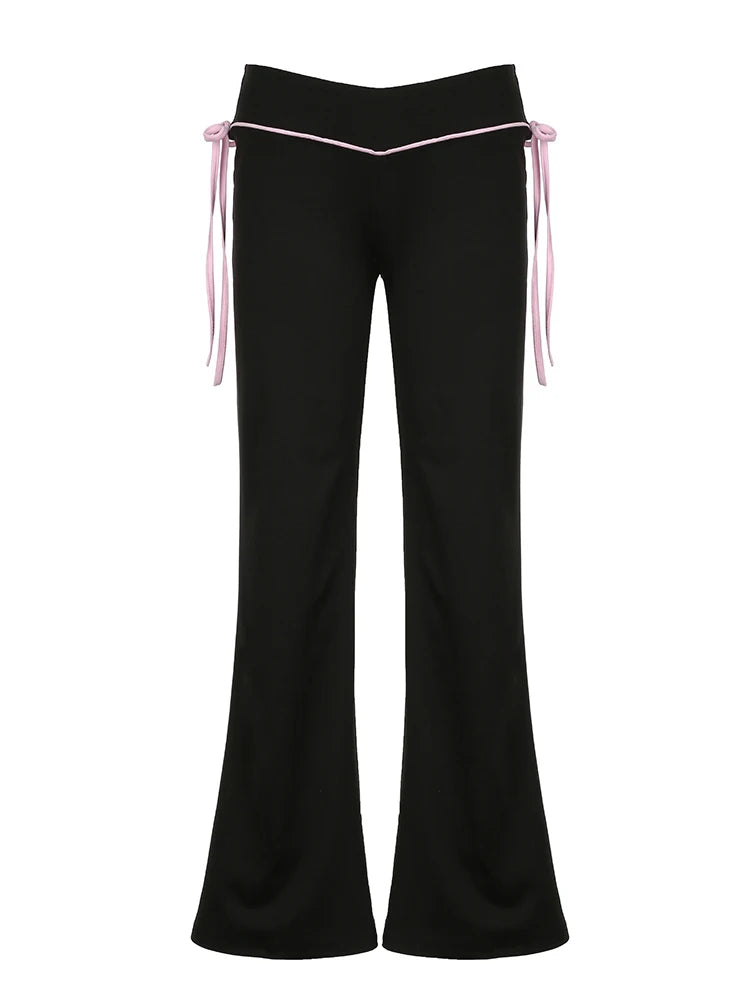 Contrast Lace-Up Low Waist Y2K Flared Pants Women Black Basic Simple Casual Sweet Style Trousers