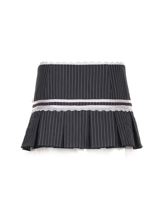 Contrast Lace Bow Stripe Y2K Mini Pleated Skirt Women Button Up Low Waist A Line Cute Kawaii Sweet Ballet Preppy Skirts