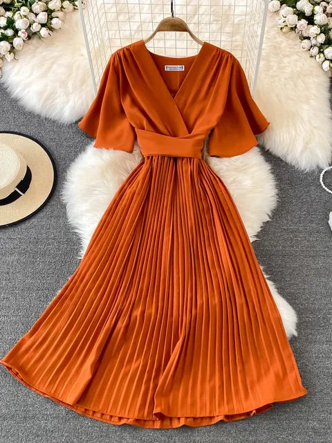 Women Elegant Pleated Dress Summer Short Sleeve V-neck Vintage Dresses Ladies A Line High Waisted Midi Dress