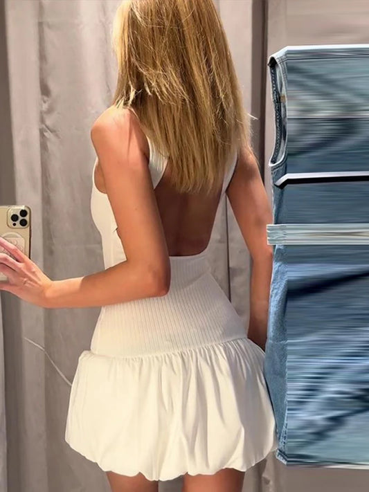 Elegant Solid Color Mini Dress For Women Knitted O Neck Sleeveless Backless Female Skirts Summer New Chic Ladies Robe