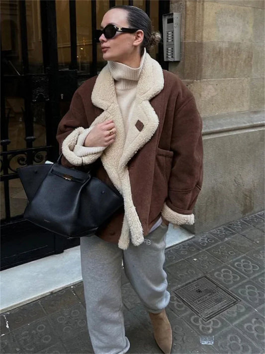 Winter Loose Fashion Overcoat For Women Lapel Pocket jacket Coat Streetwear Commute Contrast Vintage Ladies Outwear 2025