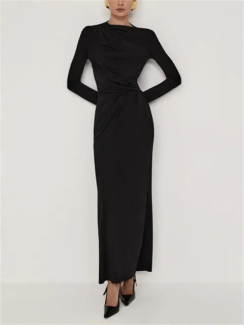 Pleated Slim Fashion Maxi Dress For Women Elegant High Waist Long Sleeve Bandage Autumn Dress Ladies Patchwork Long Dress
