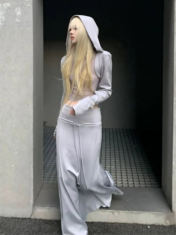 Y2K Autumn 3-piece Skirt Set Women Long Sleeve Hooded Crop Cardigan Vest Long Skirt Sexy Harajuku Club Party Streetwear New