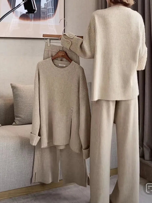 Women’s Knitted 2-Piece Set Tracksuit Autumn Winter O-neck Pullover Sweater Wide Leg Pants Harajuku Warm Solid Casual Suit New