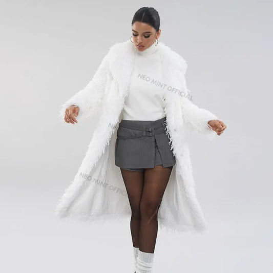 High Street Feathers Eco Fur Coat Women Winter Lapel Faux Fox Fur Jacket Solid Long Fluffy Fur Overcoat Female