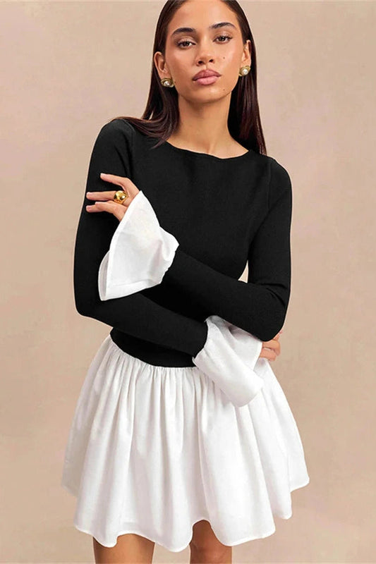 Patchwork High Waist Mini Dress with Long Sleeves