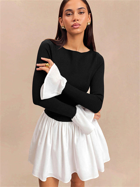 Ruffled Contrast Casual Mini Dress Women’s Patchwork High Waist Elegant Fashion Party Dress Female Y2k Mini Dress New