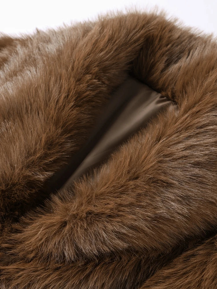 Luxury Brown Faux Fur Coats Women Fashion Full Sleeve Lapel Long Warm Jacket Winter Fluffy Thick High Street Outerwear New