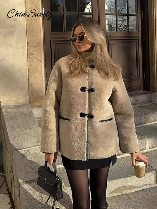 Vintage Lambs Wool Jacket For Women Loose Fleece O-neck Single Breasted Pockets Long Sleeve Fur Coat Autumn Winter Lady Outwear