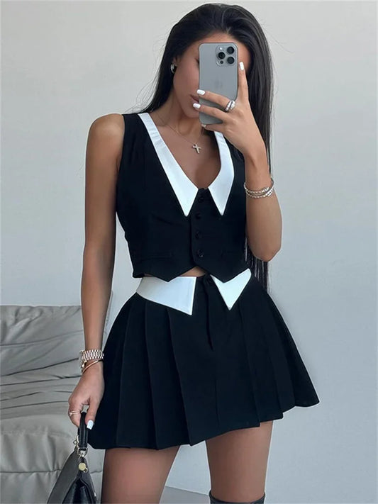 Summer Sexy 2 Piece-Set Skirt Female 2025 V-Neck Sleeveless Vestidos And High Waist Pleated Skirts Sets Women’s Clothes