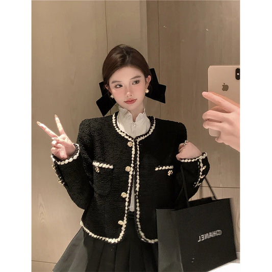 Vintage Tweed Jackets Women Elegant Black Cropped Suit Coat Korean Thicken Blazer Single Breasted Short Outerwear Tops New