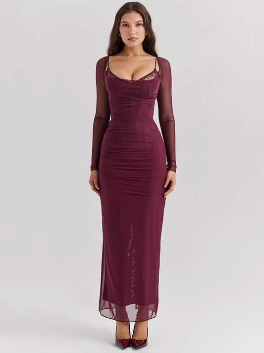 Elegant Sheer Long Sleeve Sexy Maxi Dress For Women Fashion Mesh Strapless Backless Club Party Sexy Long Dress