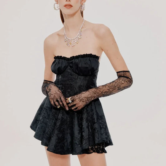 Y2K Vintage Sleeveless Skinny Corset Tunics Strapless Backless Pleated Back Zip Elastic Bandeau Ball Gown Dress