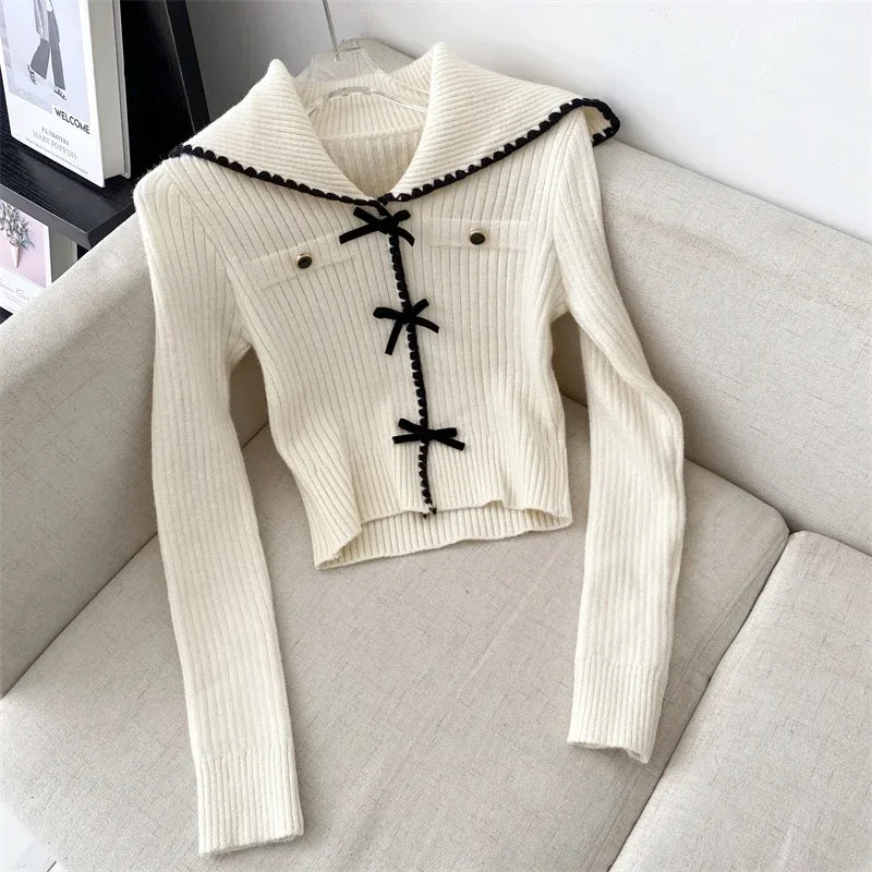 Voguable Pink Sweet Cardigan Long Sleeve Y2k High Waist Knitted Coats Tops Japan Style Bow Sweaters Kawaii Slim Fit Women