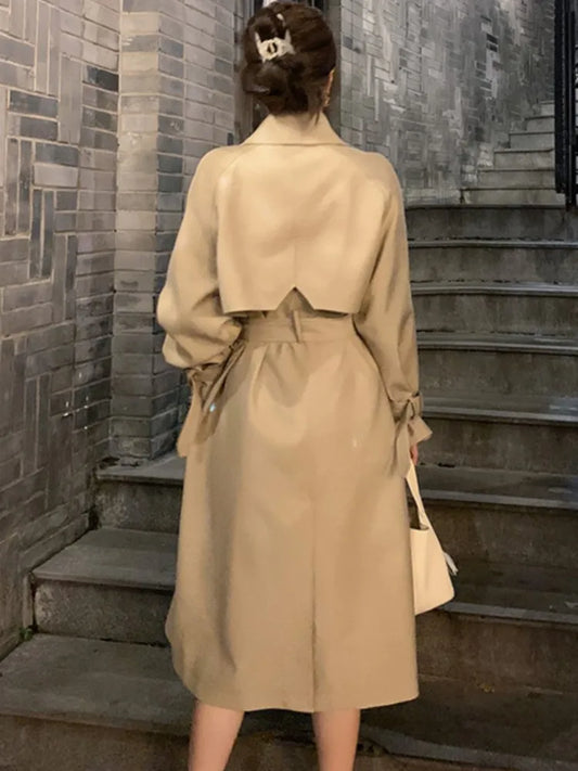 Autumn Winter Khaki Long Trench Coat for Women Jacket Elegant Outerwear Turn-down Collar Tie Belt Korean Chic Windbreaker