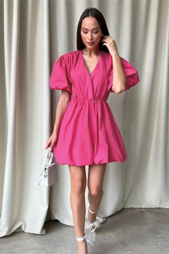 V-Neck High Waist Pleated Mini Dress with Short Sleeves