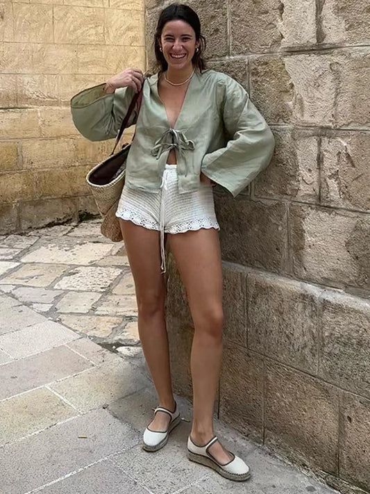 Fashion V-neck Lace Up Shirts Women Spring Summer New Casual Long Sleeve Blouse For Female Solid Elegant Street Lady Tops