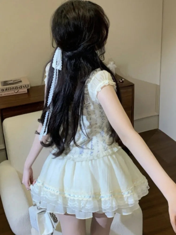 Y2K Two-piece Skirt Set Off Shoulder Square Collar Lace-up Cropped Top A-line Mini Skirt Sweet Summer New Slim Princess Outfits