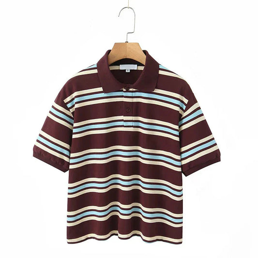 American Retro Contrasting Striped T Shirt Polo Collar Short Sleeve Preppy Vintage Tees Y2K Tops