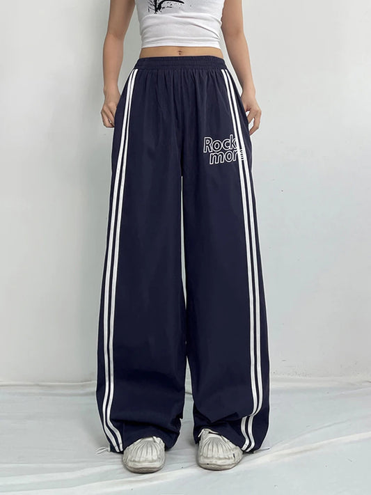 Side Stripe Elastic High Waist Loose Straight Leg Pants Women Letter Print Street Style Hippie Baggy Trousers Preppy Streetwear