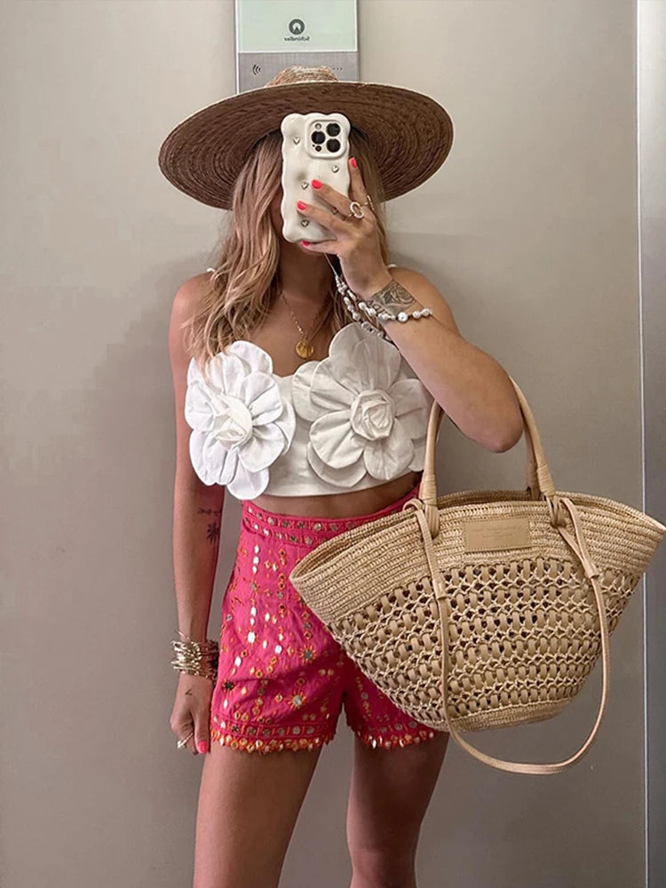 Sexy Chic 3d Floral Croptop Women Backless Sleeveless White Female Slip Vests Spring Summer New Fashion Street Lady Tops