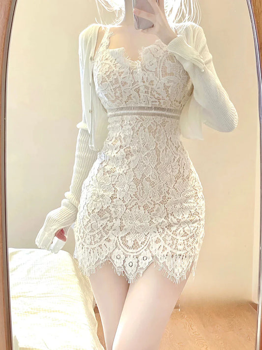 Voguable Elegant Lace Clothing Suit Woman Korean 2 Piece Set Slim Y2k Mini Dress + Casual Short Cardigan Office Lady