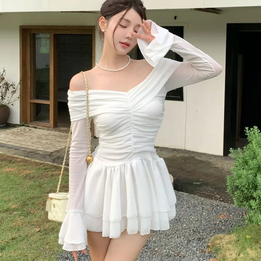 Elegant Mini White Dresses for Women Slash Neck Flare Sleeves Slim Waist Ruffles A-line Korean Fashion Short Vestidos Mujer New