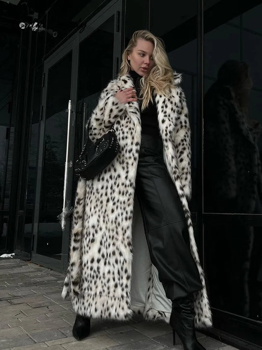 Fashion Animal Lapel Faux Fur Long Coat Women Loose Long Sleeve Pocket Lady Overcoats Autumn Winter Warm Street Thick Outwear