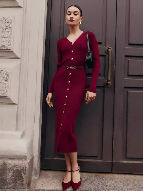 Autumn V-Neck Knit Long Dress For Women Ribbed Patchwork Cardigan Slim Elegant Party Dress Female Knitwear Maxi Dress