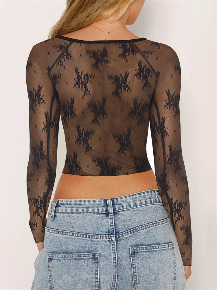 FashionSierra - 2025 Summer Slim Fit Black Long Sleeve Square Neck Mesh Sheer See Through Lace Floral Tee