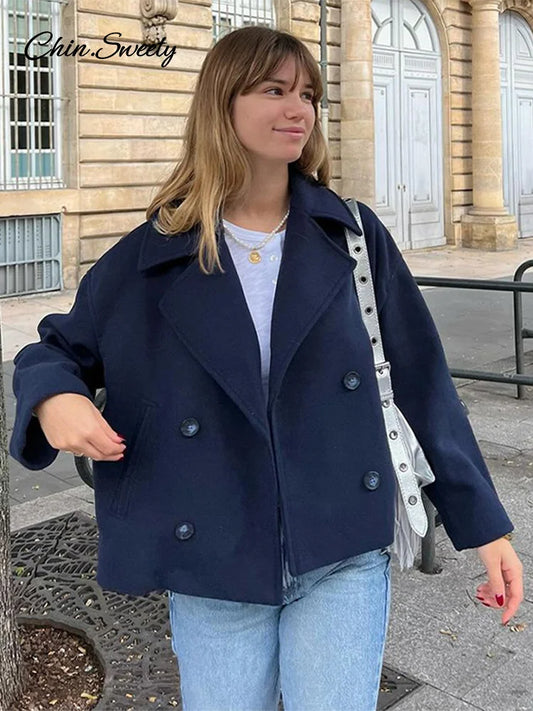 Loose Woolen Blends Coat Women Solid Lapel Double Breasted Pockets Jackets Autumn Winter Fashion Lady Office Outwear New